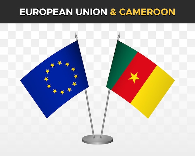 Unione europea vs camerun bandiere da scrivania mockup isolato 3d illustrazione vettoriale bandiere da tavolo ue