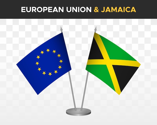 Unione europea vs giamaica bandiere da scrivania mockup isolato 3d illustrazione vettoriale bandiere da tavolo ue
