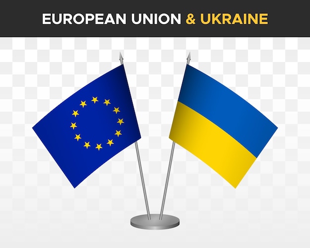 European union vs ukraine desk flags mockup isolated 3d vector illustration EU table flags