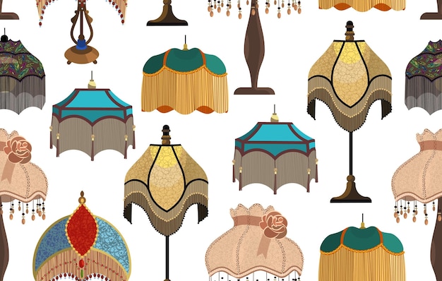 Vector european vintage retro ceiling lampshades in victorian style seamless interior lamp pattern