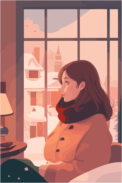 Vector european woman and cozy vibes in the winter season in december month