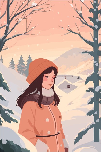 Vector european woman and cozy vibes in the winter season in december month