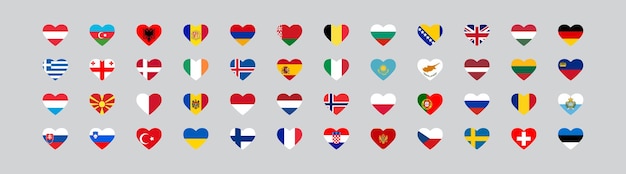 Europese landvlag in hart 48 nationale vlaggen Vector set geïsoleerde iconen