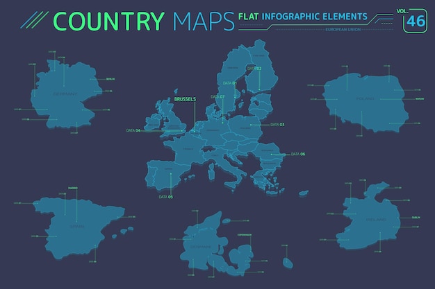 Europese unie spanje ierland denemarken polen en duitsland vectorkaarten