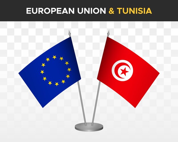 Europese Unie vs Tunesië Bureau vlaggen mockup geïsoleerde 3d vector illustratie EU tafel vlaggen