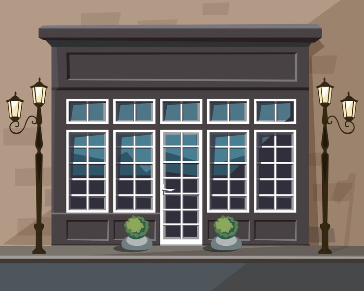 Vector windows가있는 europian shop museum 레스토랑 스토어