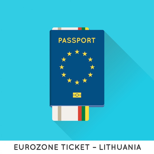 티켓이있는 유로존 유럽 패스포트. Eu 국기와 항공권.