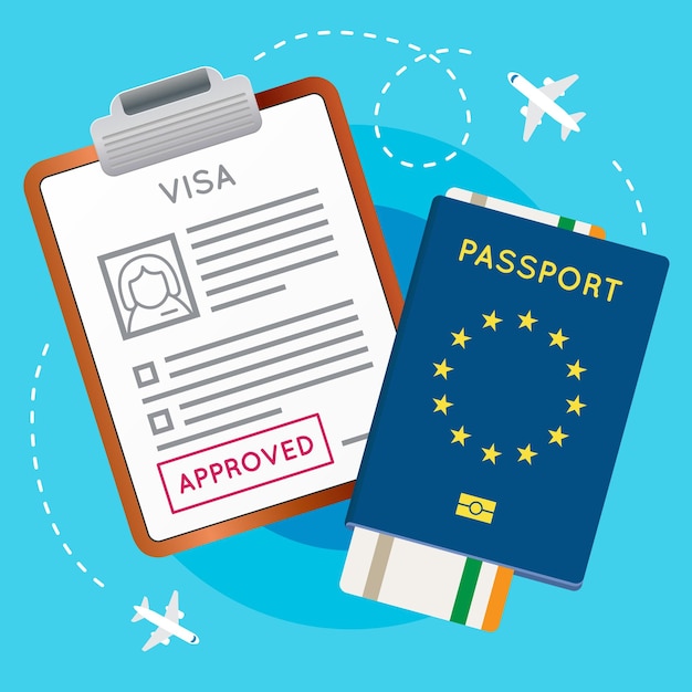 Eurozone europe visa approved stamp on document passport with flight aircraft ticket travel immigration stamp vector illustration