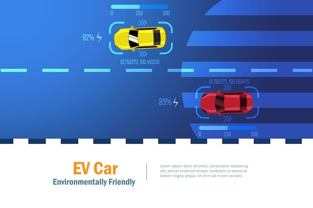 EV auto Elektrisch voertuig opladen batterij rijden op de weg Duurzame groene en schone energie