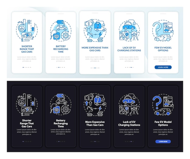 Evはモバイルアプリのページ画面をオンボーディングするのが悪い。電気自動車の比較ウォークスルー5ステップのグラフィック命令と概念。 ui、ux、線形の昼、夜モードのイラストとguiベクトルテンプレート