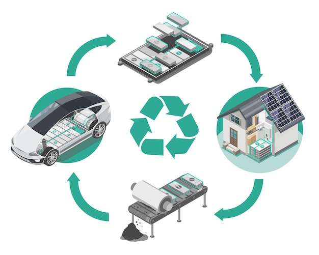 EV Car Battery Recycling geen probleem Hoe te recyclen Diagram hergebruiken refabriceren doorverkopen met symbool