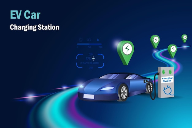 EV car Electric vehicle wtih charging station service on futuristic road Sustainaable energy