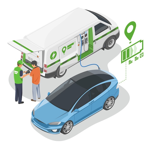 Vector ev car low battery need charging  with emergency mobile ev charger service delivery eco company