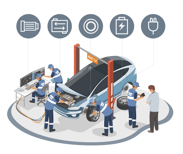 Vettore centro di assistenza per auto elettriche ev con ispettore cliente ingegnere automobilistico e tecnico del motore