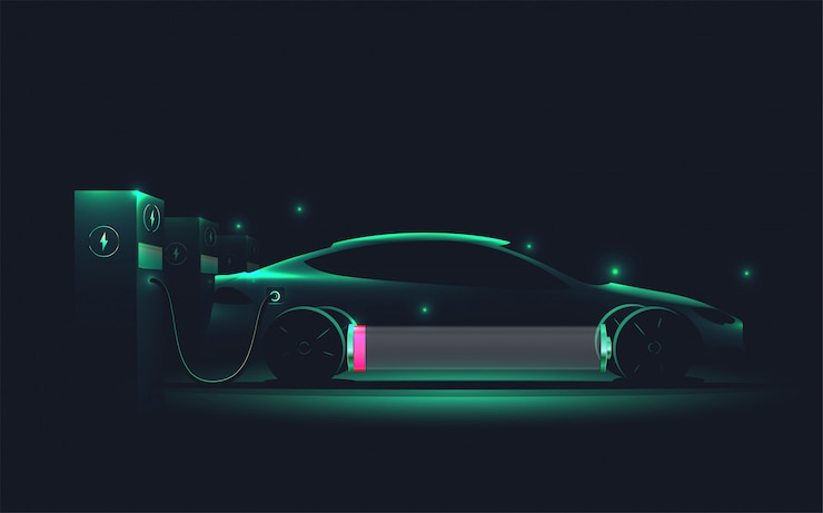 Вектор ev электрический автомобиль силуэт с низким зарядом аккумулятора на станции электрического заряда. ,