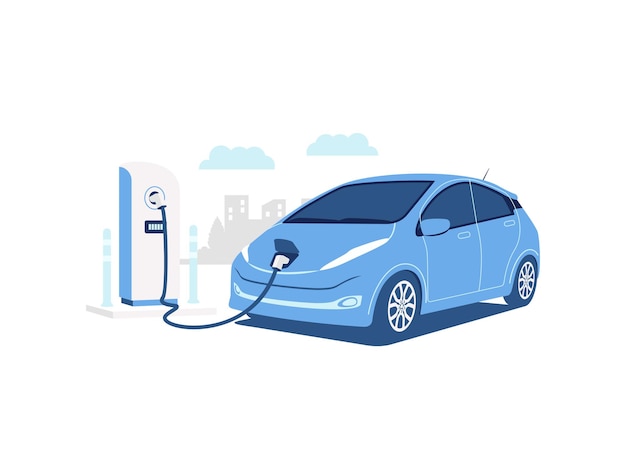 Vector ev electric vehicle or electric car at charging station concept illustration