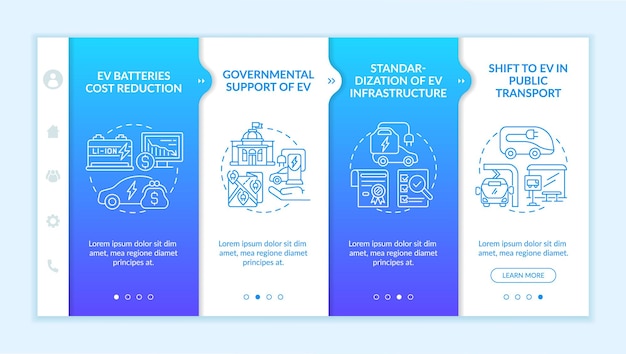 Modello vettoriale di onboarding del supporto governativo ev. sito mobile reattivo con icone. procedura dettagliata della pagina web in 4 schermate. concetto di colore delle strutture di trasporto ecologiche con illustrazioni lineari