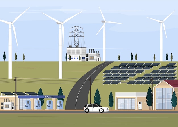 Ev station and electric city supply form power plant with renewable energy