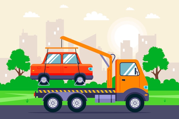 Evacuation of a car with a tow truck crane on a city street. flat  illustration.