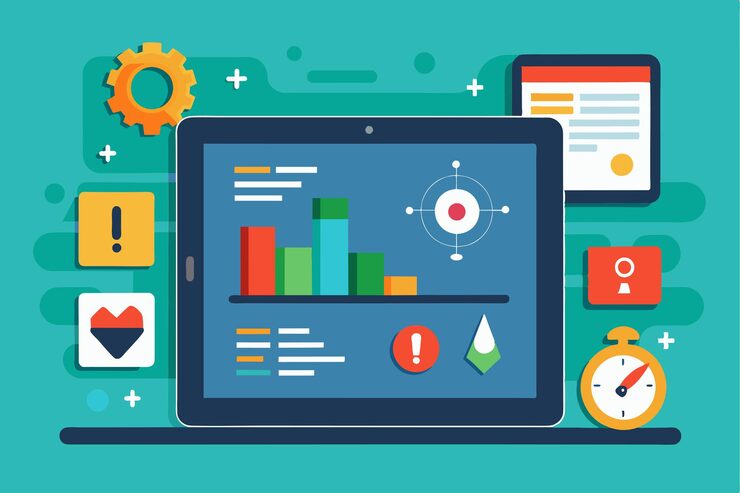 Vector evaluating tablet performance metrics through various data visualizations and monitoring applications tablet problem analysis