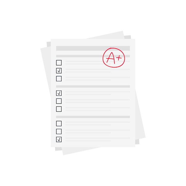 Vector evaluation system. letters and grades of the teacher on paper. vector flat illustration. a exam result score red mark on red background.