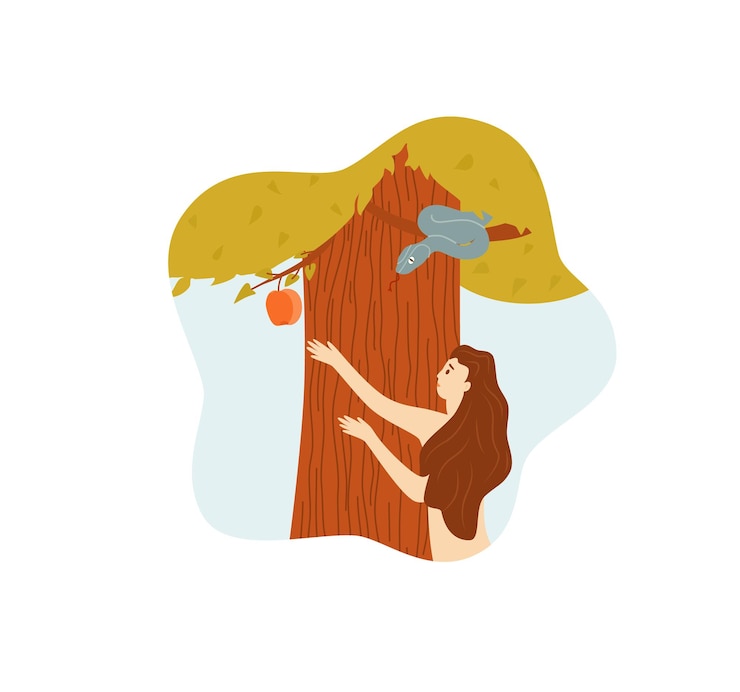 Vector eve picking forbidden apple fruit bible story isolated