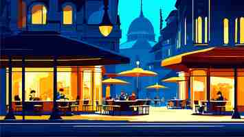 Vector evening ambience at city outdoor cafes