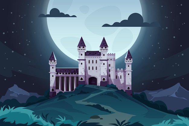 Vector evening cartoon castle medieval fairytale fortress at night magic landscape with royal palace vector kingdom capital scene