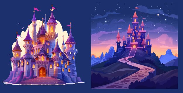 Vector evening cartoon castle