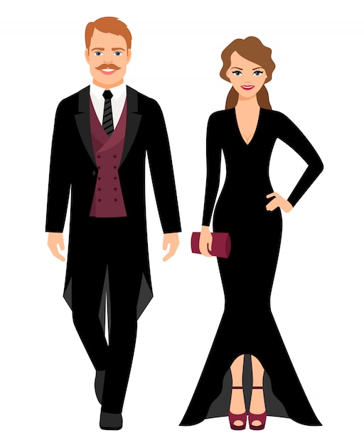 Evening fashion outfit people. Man in black tux and lady in long black dress. Vector illustration