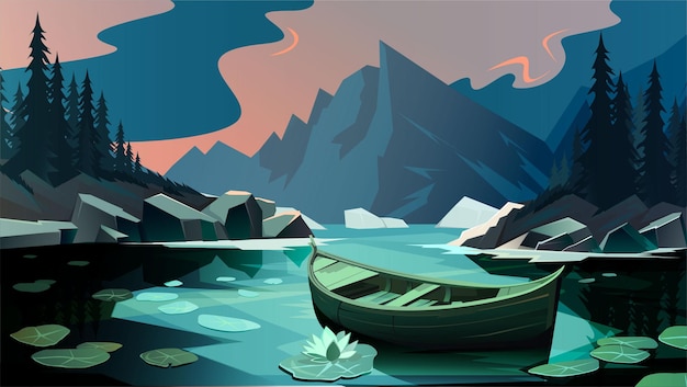 Vector evening landscape nature forest mountains lake and wooden boat