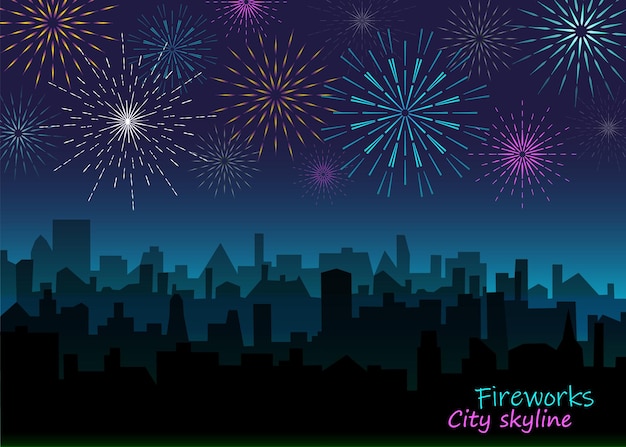 Evening landscape with bright fireworks Night city skyline with salute Vector festive firecrackers over town silhouette background Holiday cityscape illustration