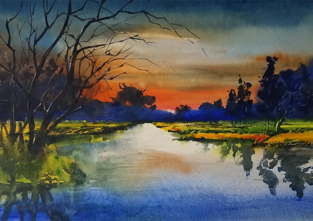 Evening light in the village nature watercolor landscape