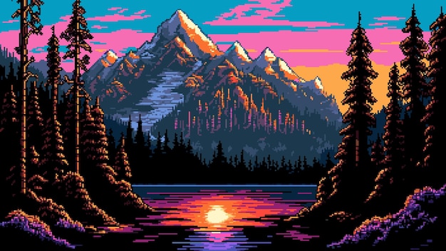 ベクトル 夕方の山の日没の風景 ai が生成した 8 ビット ピクセル ゲーム シーン 雄大な岩のある魅惑的な 2d 背景 ピンクとオレンジの鮮やかな雲と太陽の反射を持つ見事な夕暮れの空