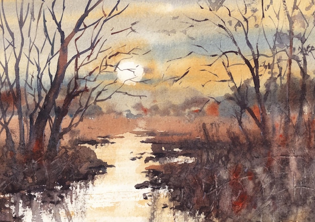 evening nature watercolor painting