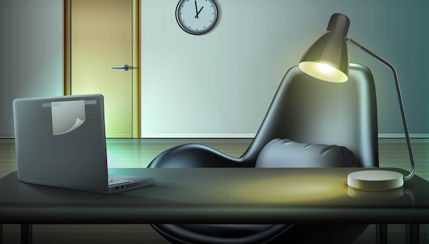 Vector evening  office background. working space with laptop and lamp. freelance and work from home concept.