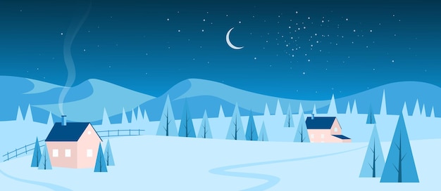 Вектор Вечерняя или ночная деревня, зимние пейзажи, заснеженные дома, силуэты сосен