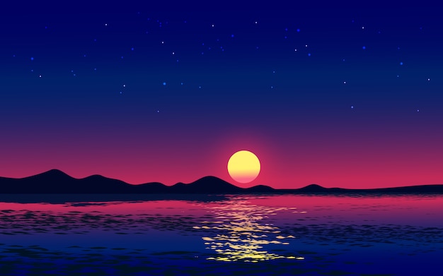 晚上天空的插图,满月在海上升起