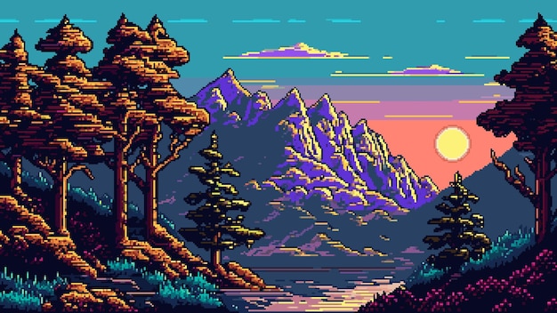 Вечерний закат, горное озеро и лесной пейзаж. ИИ сгенерировал 8-битную пиксельную игровую сцену с закатом солнца над долиной горы. Векторный фон природы, снежный горный хребет и деревья на скалистом берегу озера.