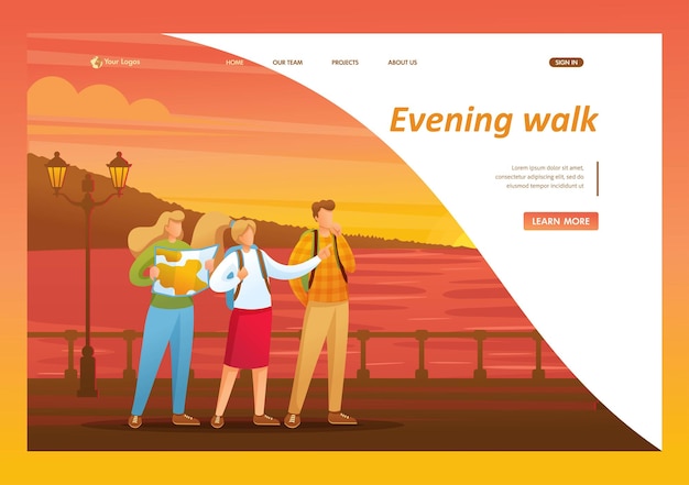 Evening walk of tourists along the beautiful promenade during sunset flat 2d character landing page concepts and web design