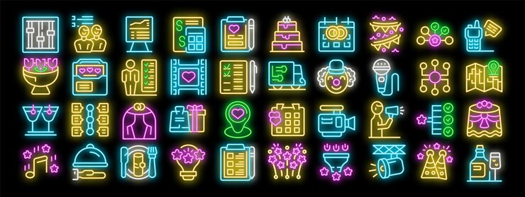 Vector event agency organizing parties and weddings with catering service neon sign set