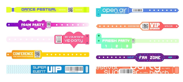 Vector event bracelet for party, disco performance access control. set of pass ribbon sticker design for dance, music festival, private area admission vector illustration isolated on white background