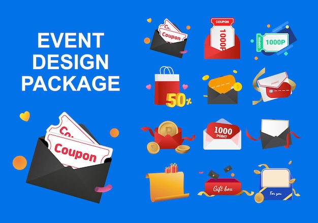 Vector event design package illustration set gift coupon 3d coin box card vector drawinghand drawn