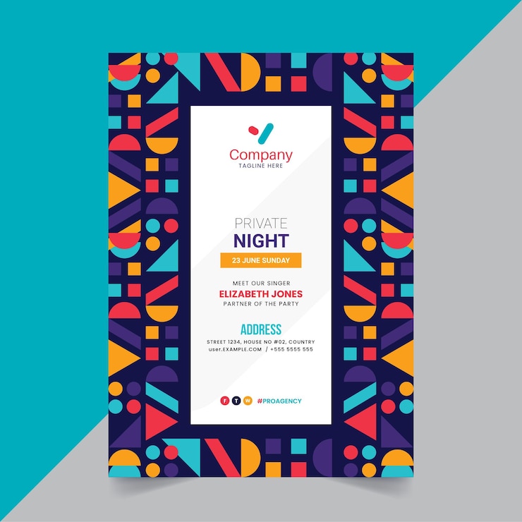 Vector event flyer and poster layout with color geometric overlay elements
