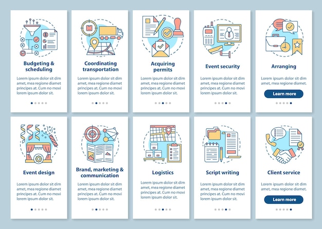 Event management and planning service onboarding mobile app page screen with linear concepts. Special events industry walkthrough graphic instructions. UX, UI, GUI templates set with illustrations