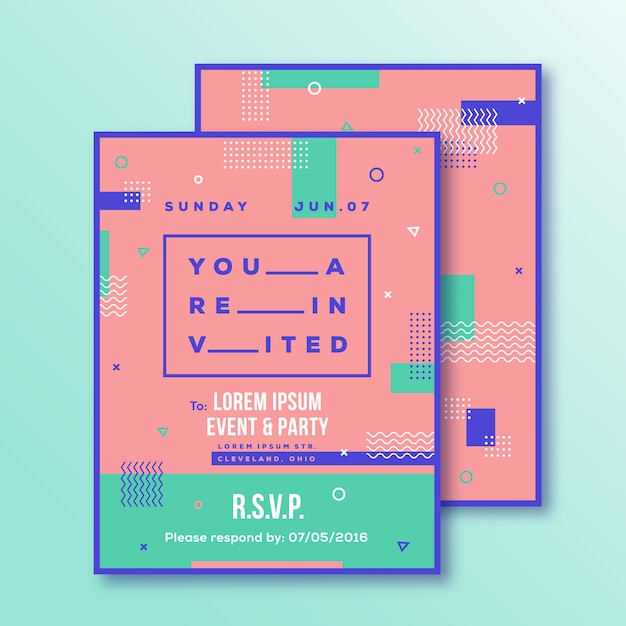 Event, Party Invitation Card Template. Modern Abstract Flat Swiss Style Background with Decorative Stripes, Zig-Zags and Typography. Pink, Mint Colors. Soft Realistic Shadows.