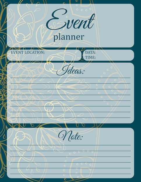 Event Planner Template Kladblok pagina-ontwerp met mandala print Vector illustratie