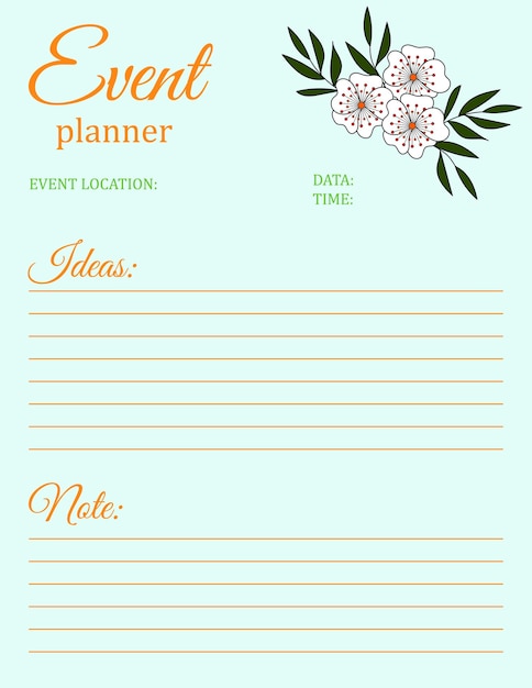 Event Planner Template Notepad page design with floral motif Vector illustration