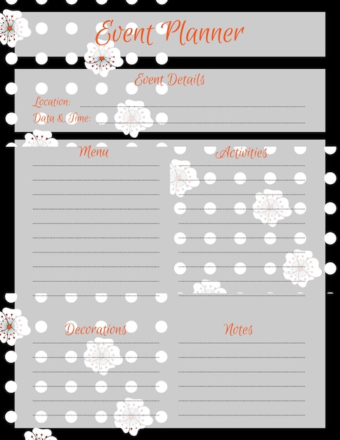 Vector event planner template. notepad page design with floral pattern. vector illustration