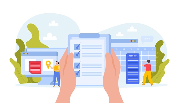 イベント計画の to do リストとコンピューター画面のカレンダーの場所ベクトル図を保持している人間の手でフラットな構成